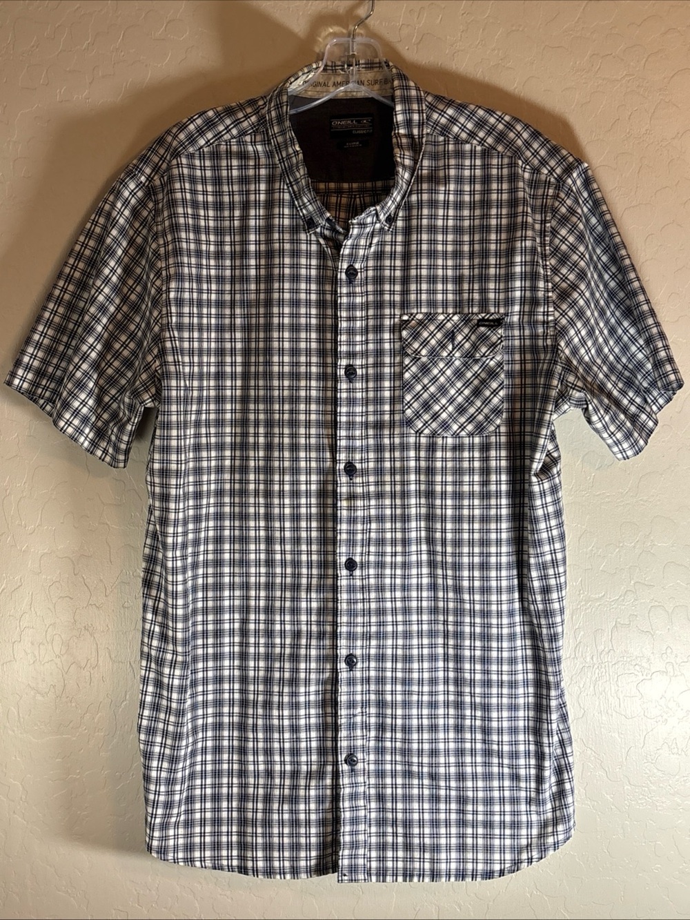ONeill Mens Blue White Plaid Short Sleeve Button Up Shirt Classic Fit XLarge